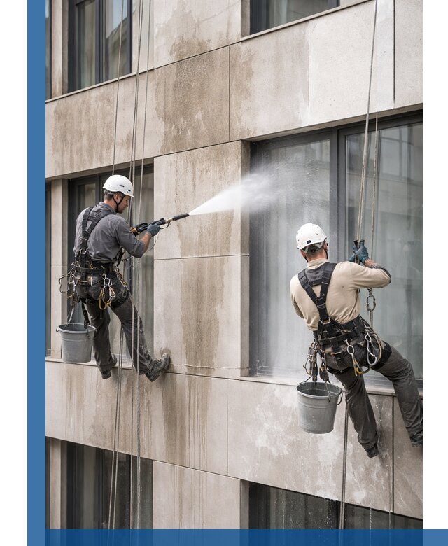 Послестроительная мойка фасада промышленным альпинизмом в Старой Руссе