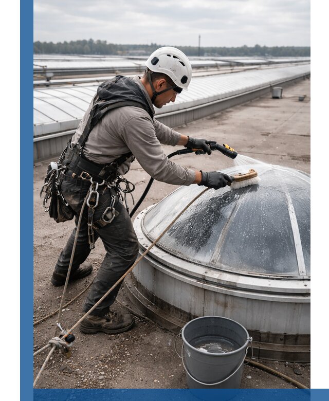 Мойка зенитных фонарей на кровле для промышленных объектов в Старой Руссе