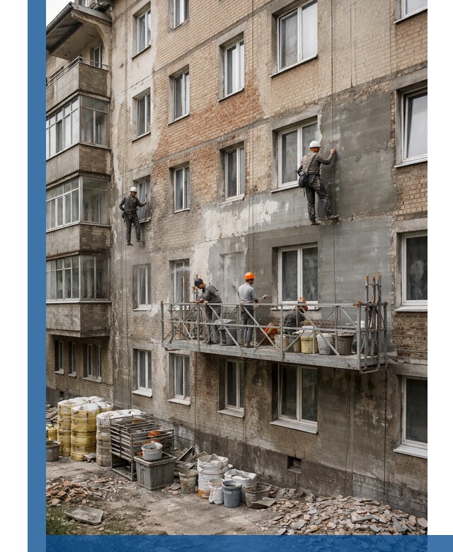 Капитальный ремонт фасада в Старой Руссе с восстановлением и гидроизоляцией