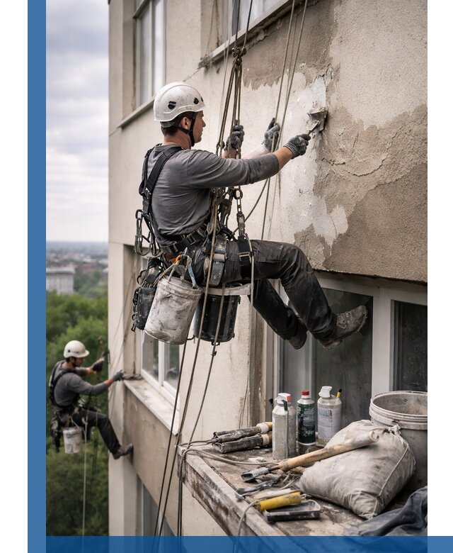 Косметический ремонт фасада зданий в Старой Руссе промышленными альпинистами