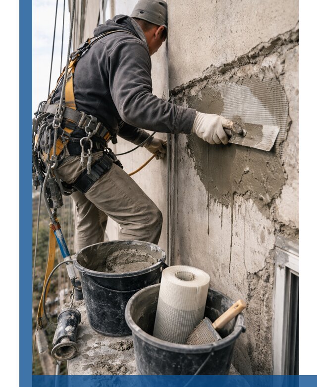 Ремонт бетонных элементов фасада промышленными альпинистами в Старой Руссе