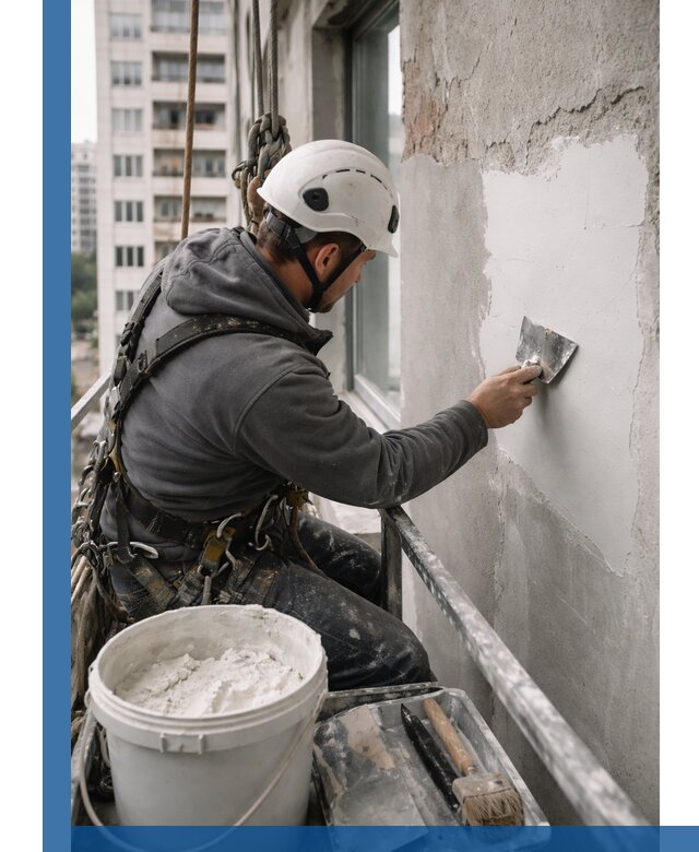 Шпаклевка фасадов на высоте с промальпинистами в Старой Руссе