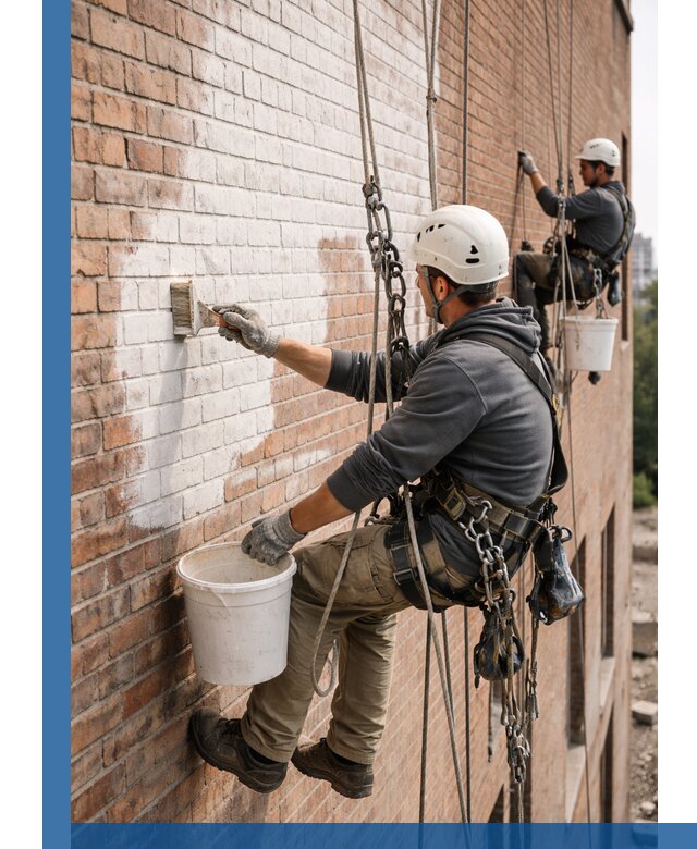 Покраска кирпичного фасада с доступным альпинистским сервисом в Старой Руссе