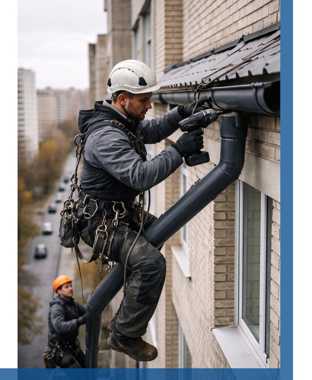 Монтаж водосточной системы на здании в Старой Руссе от 5095 р. | ВЫСОТНИК-Срс