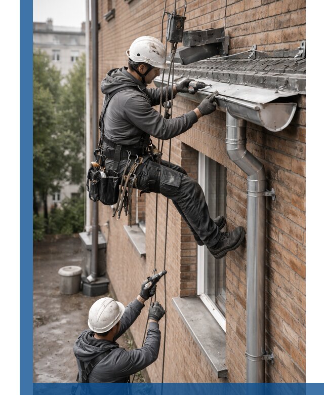 Монтаж водосточной системы на здании в Старой Руссе под ключ