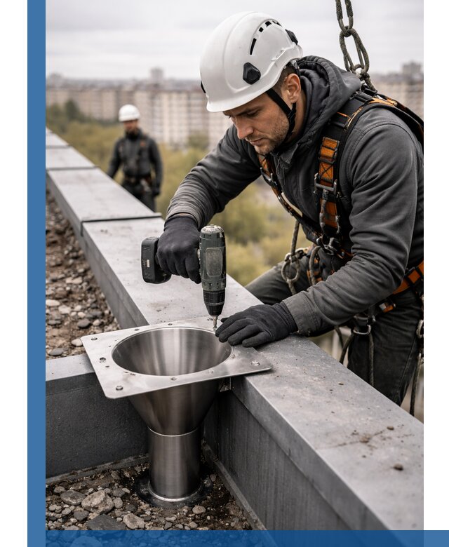 Монтаж водосточных воронок в Старой Руссе для промышленных зданий