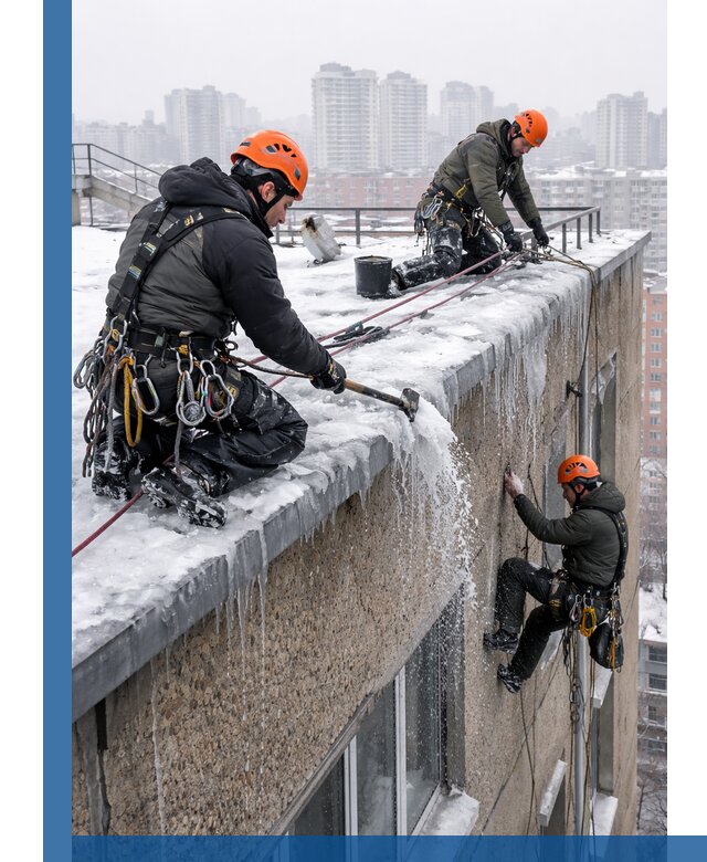 Удаление наледи с кровли в Старой Руссе промышленными альпинистами