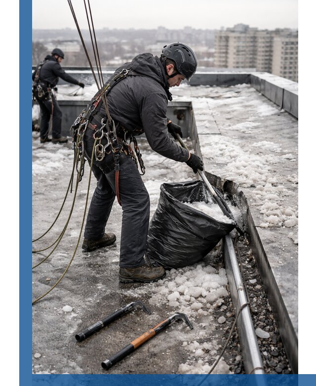 Аварийная очистка кровли в Старой Руссе от промальпинистов