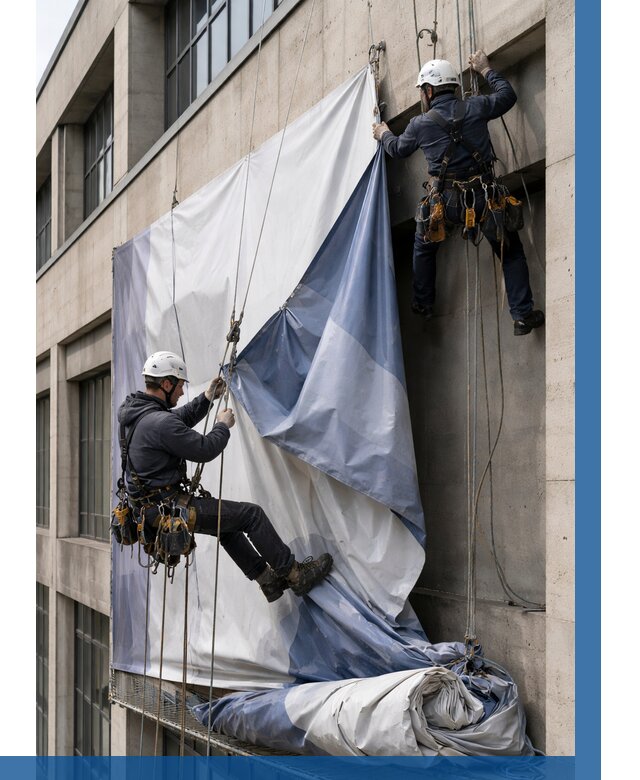 Демонтаж баннеров с фасада в Старой Руссе от 4586 р. | ВЫСОТНИК-Срс