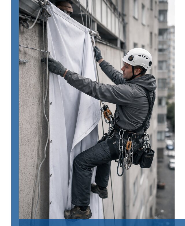 Замена баннерного полотна промышленными альпинистами в Старой Руссе