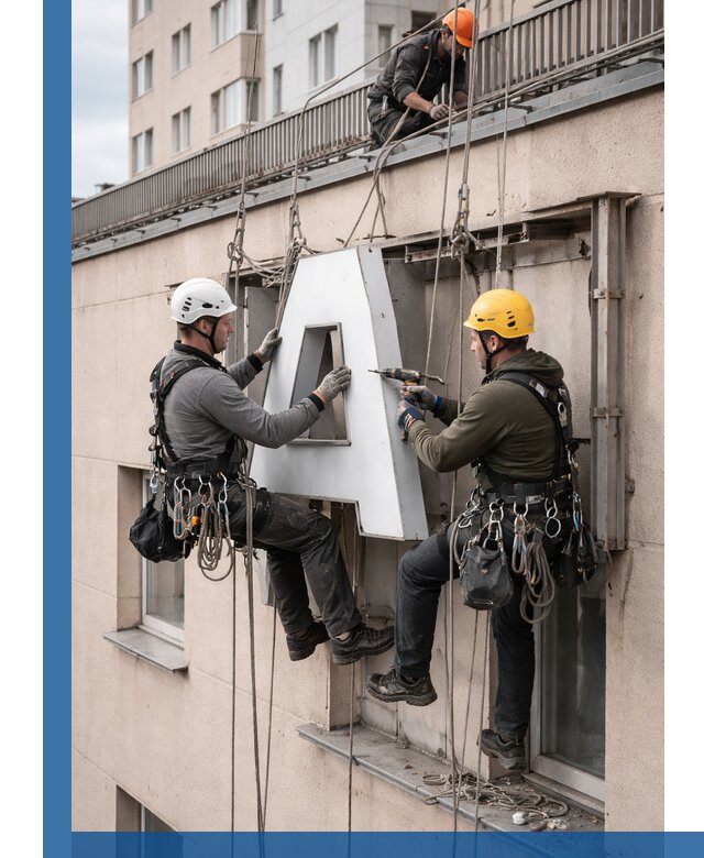 Ремонт и восстановление наружных вывесок на высоте в Старой Руссе