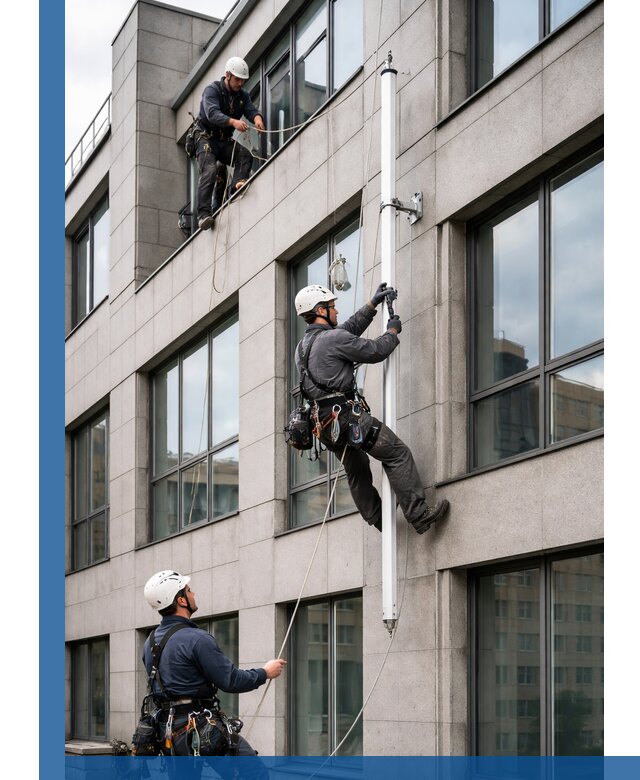 Монтаж флагштока на фасаде здания с креплением и герметикой в Старой Руссе