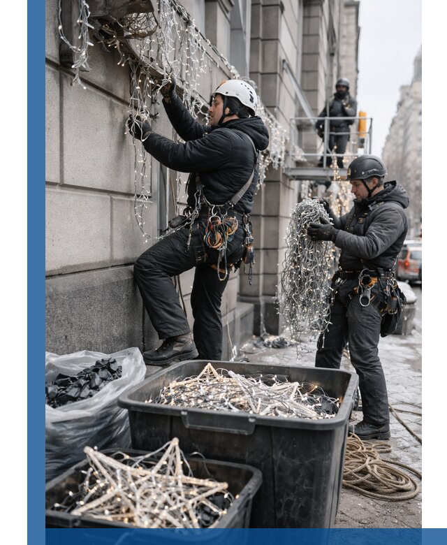 Демонтаж новогоднего оформления и гирлянд в Старой Руссе