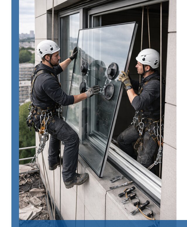 Замена стеклопакетов на высоте с промышленными альпинистами в Старой Руссе