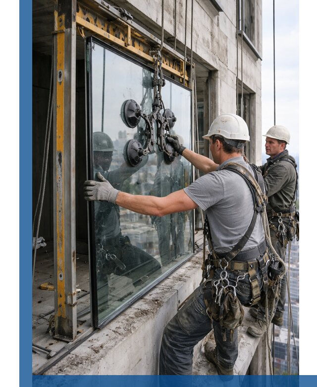 Монтаж стеклопакетов на высоте в Старой Руссе с промышленным альпинизмом