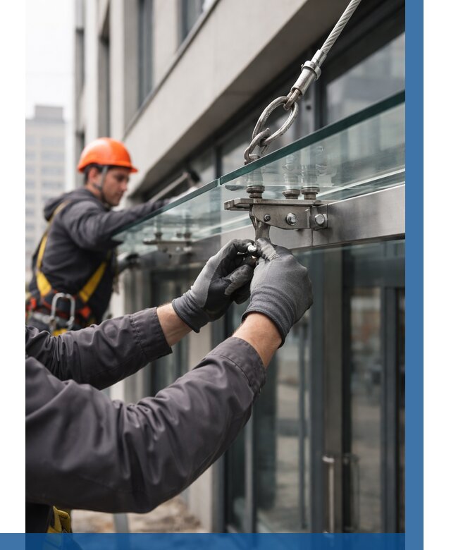 Монтаж стеклянных козырьков в Старой Руссе от 8662 р. | ВЫСОТНИК-Срс