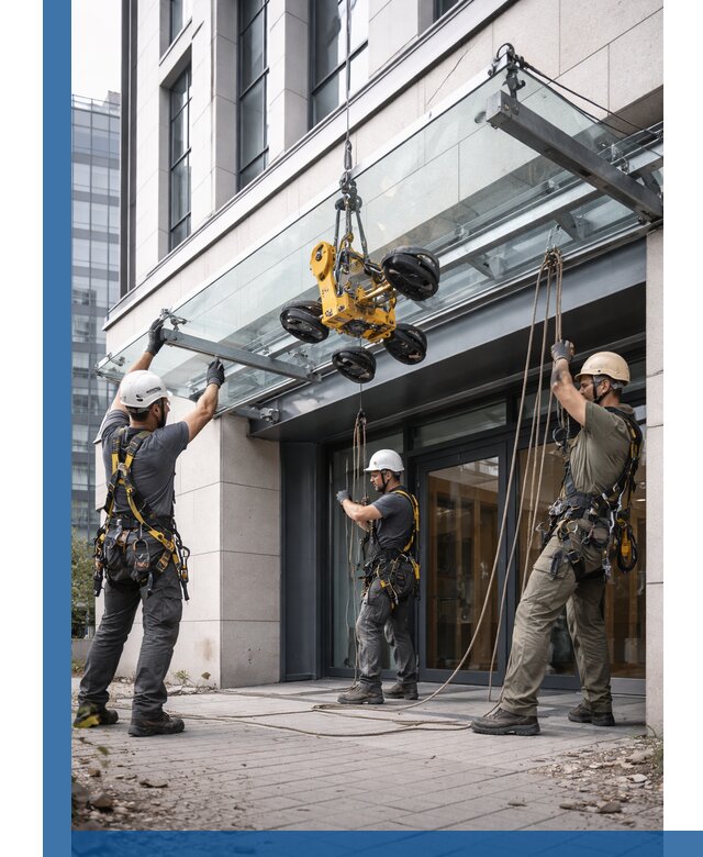 Монтаж стеклянных козырьков под ключ в Старой Руссе для зданий