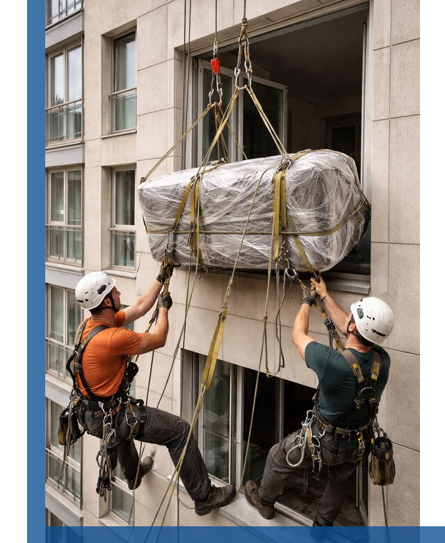 Подъем грузов через окно в Старой Руссе промышленными альпинистами