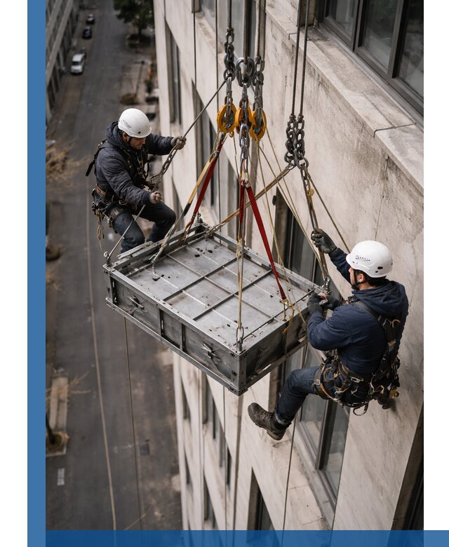 Спуск и подъем грузов по фасаду в Старой Руссе для зданий