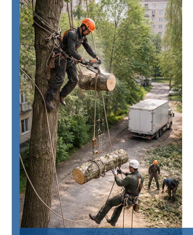 Спил деревьев альпинистами в Старой Руссе, безопасно и без повреждений